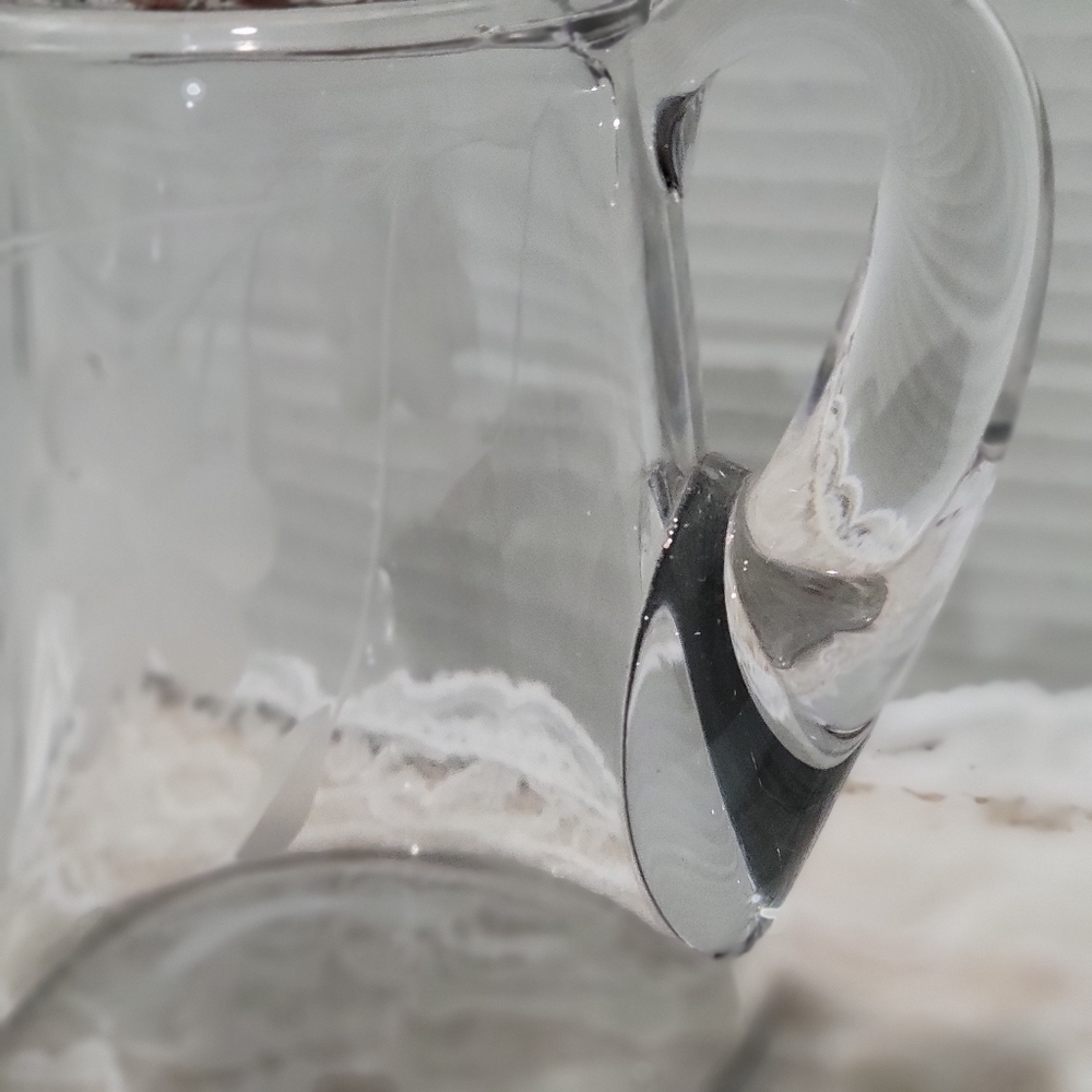 Vintage Heisey Glass Etched Floral Creamer Syrup Pitcher Metal Lid With Spring - Picture 3 of 16